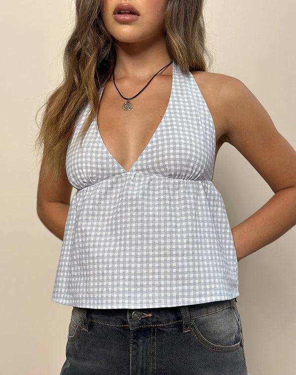 Motel Rocks Eldana Halter Top In Mini Gingham Blue And Grey