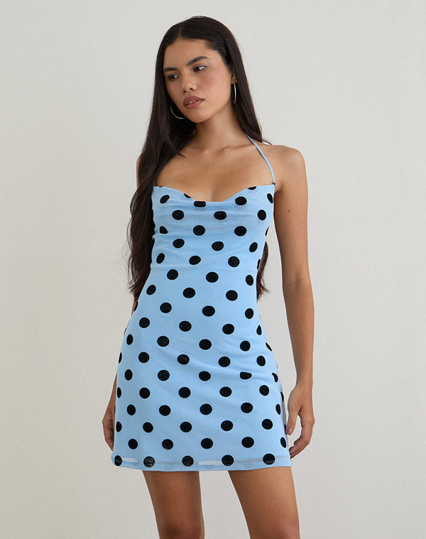 Motel Rocks Eltazia Mini Dress In Blue With Polka Space Black