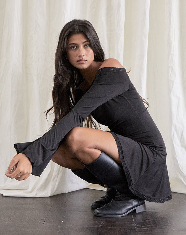 Motel Rocks Elwyn Bardot Mini Dress In Slinky Black