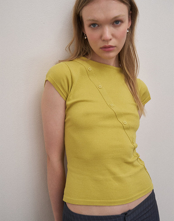 motel rocks Elyra Asymmetric Top in Knit Golden Green