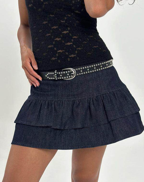 Motel Rocks Elysa Frill Mini Skirt In Dark Indigo Denim