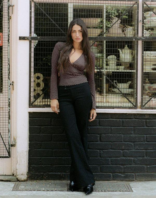 Motel Rocks Emesy Long Sleeve Top In Micro Polka Brown