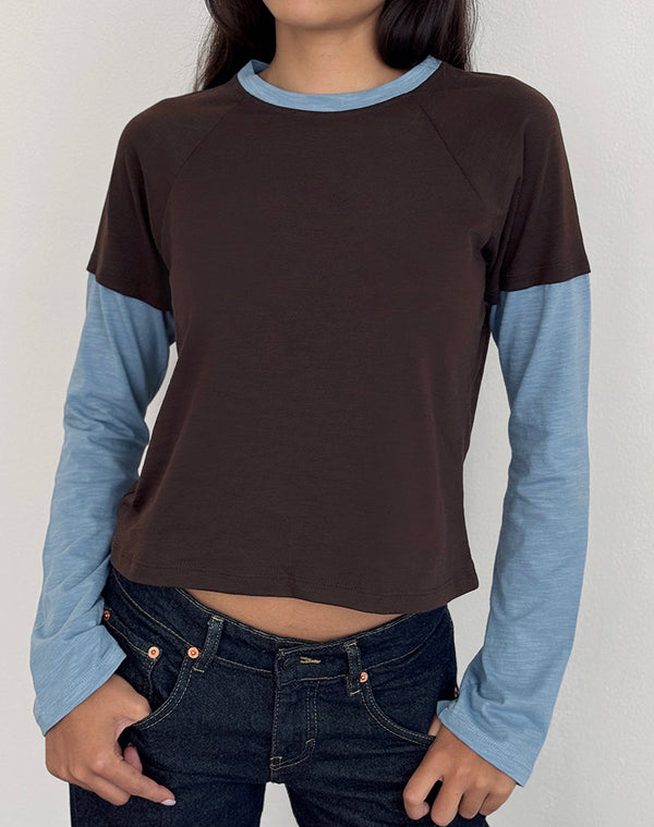 Motel Rocks Enid Layered T-Shirt In Chocolate Brown And Light Blue