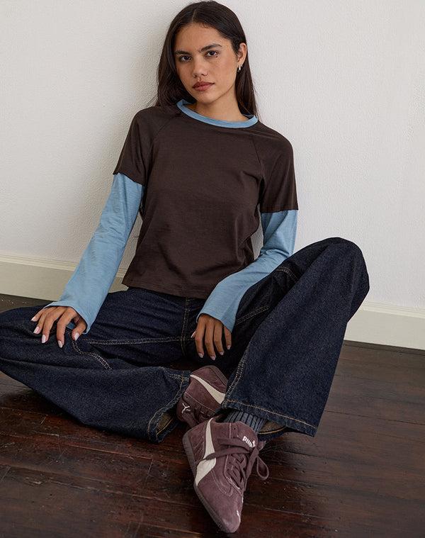 motel rocks Enid Layered T-Shirt in Chocolate Brown and Light Blue