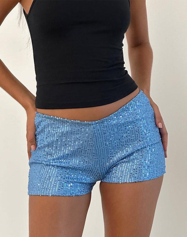Motel Rocks Erna Micro Short In Light Blue Mini Sequin