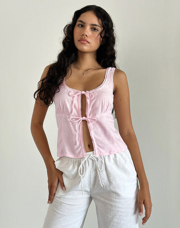 Motel Rocks Esau Tie Front Top In Light Pink Private Slub