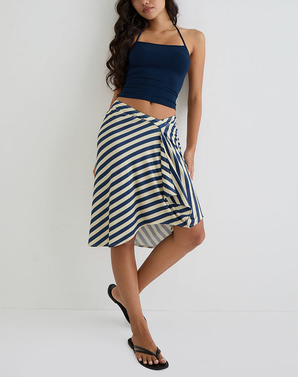 Motel Rocks Esmeray Midi Skirt In Cream And Navy Diagonal Stripe