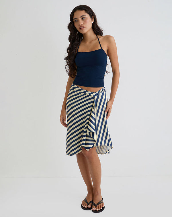 Motel Rocks Esmeray Midi Skirt In Cream And Navy Diagonal Stripe