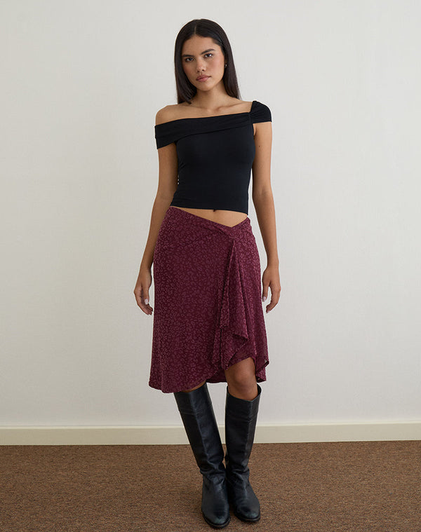 Motel Rocks Esmeray Midi Skirt In Flocked Leopard Plum