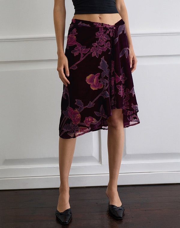 Motel Rocks Esti Midi Skirt In Floral Devore Burgundy