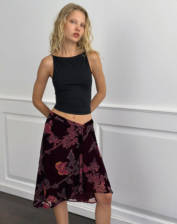 Motel Rocks Esti Midi Skirt In Floral Devore Burgundy
