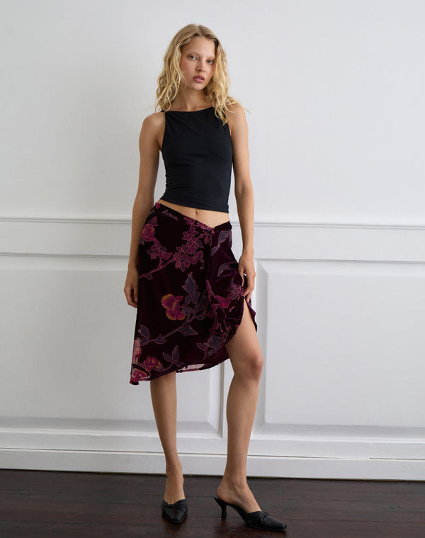 motel rocks Esti Midi Skirt in Floral Devore Burgundy