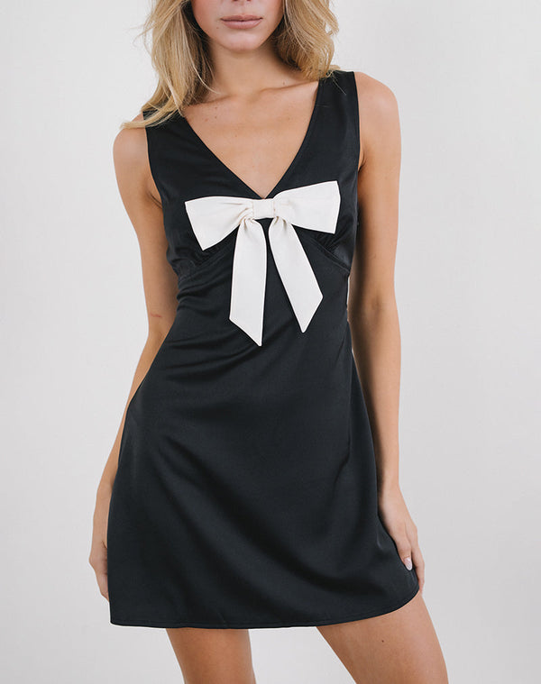 Motel Rocks Faradiba Mini Dress In Satin Black With Ivory Bow
