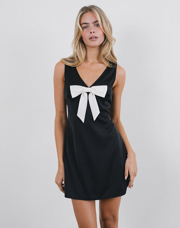 Motel Rocks Faradiba Mini Dress In Satin Black With Ivory Bow