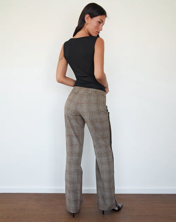 Motel Rocks Fatina Trouser In Brown Check With Side Stripe