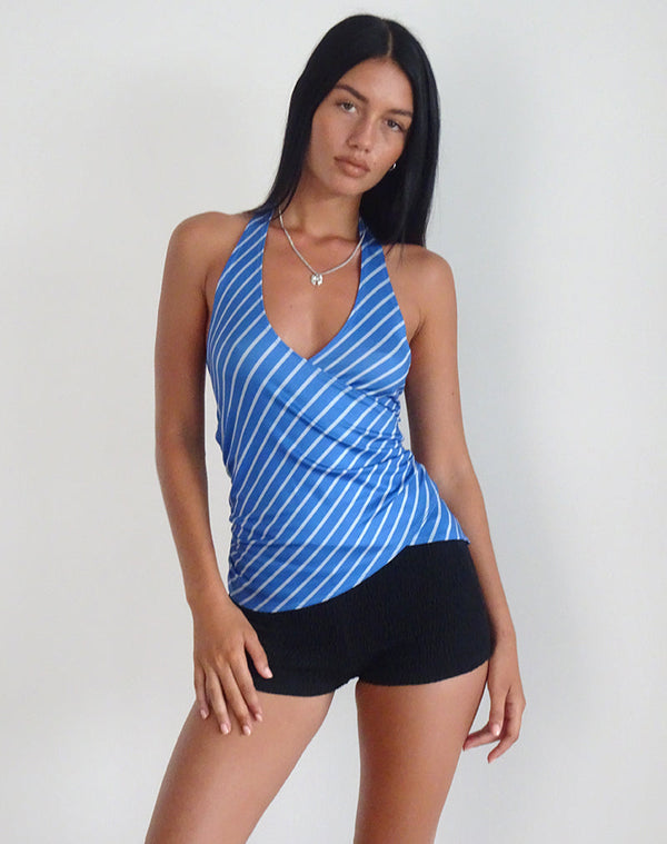 motel rocks Fayez Slinky Top in Blue Diagonal Stripe