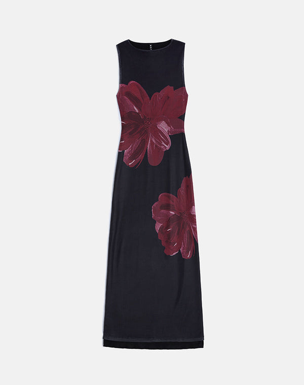 Motel Rocks Fayola Maxi Dress In Black With Burgundy Watercolour Flower