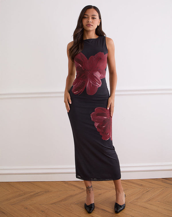 Motel Rocks Fayola Maxi Dress In Black With Burgundy Watercolour Flower