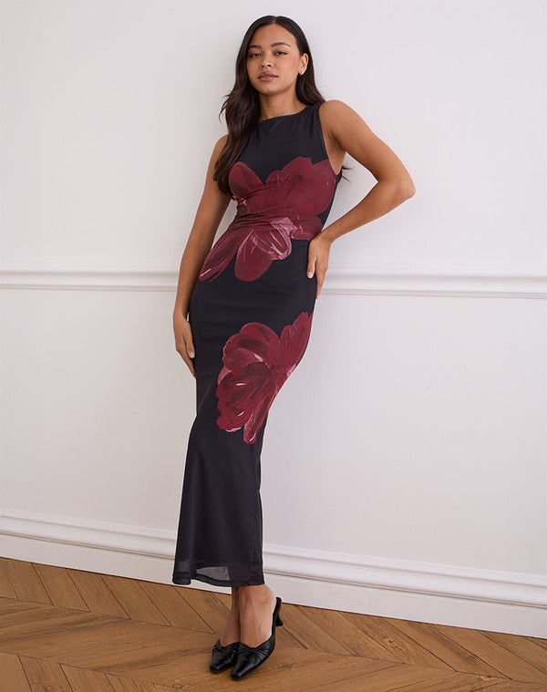 motel rocks Fayola Maxi Dress In Black with Burgundy Watercolour Flower