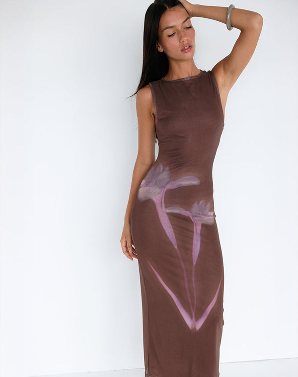 Motel Rocks Fayola Maxi Dress In Blurred Floral Print Brown