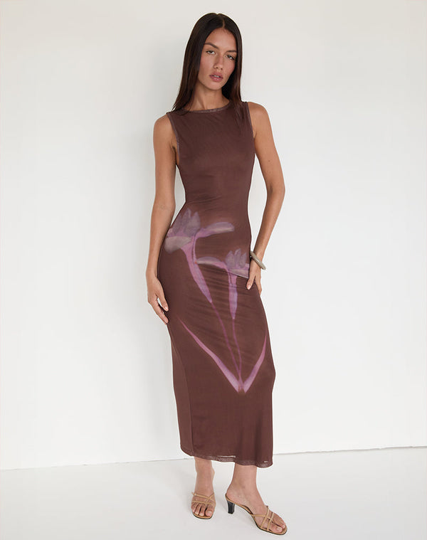 motel rocks Fayola Maxi Dress in Blurred Floral Print Brown
