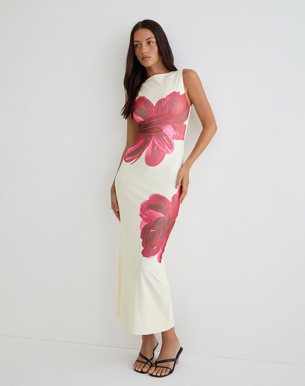 Motel Rocks Fayola Printed Maxi Dress In Cream With Red Watercolour Flower