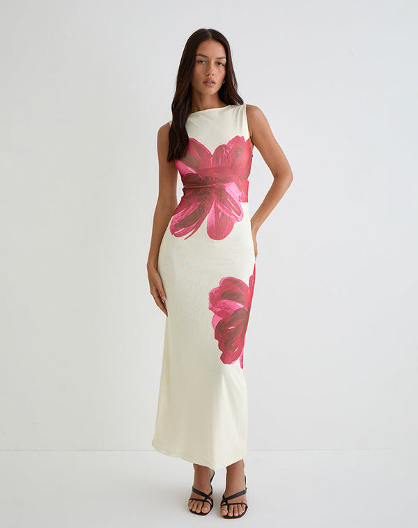 Motel Rocks Fayola Printed Maxi Dress In Cream With Red Watercolour Flower
