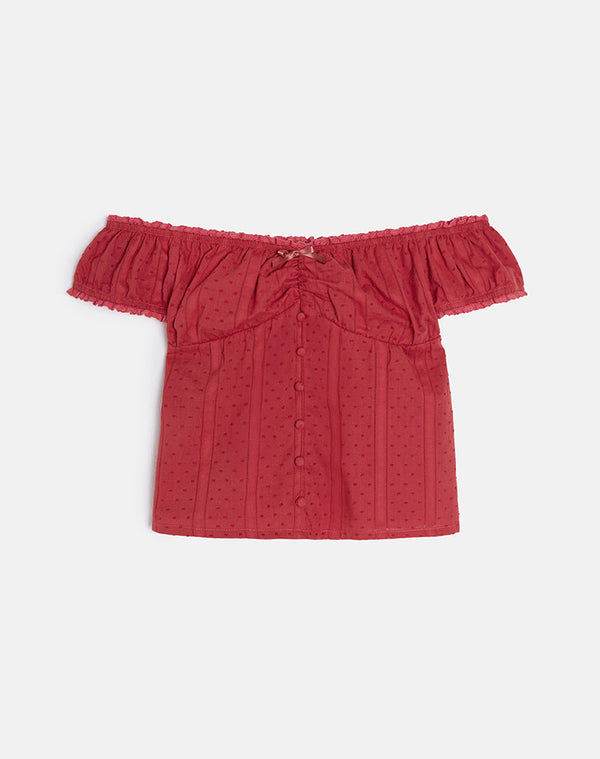 Motel Rocks Fayra Bardot Corset Top In Cotton Dobby Red