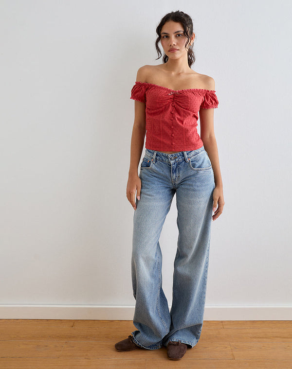 Motel Rocks Fayra Bardot Corset Top In Cotton Dobby Red