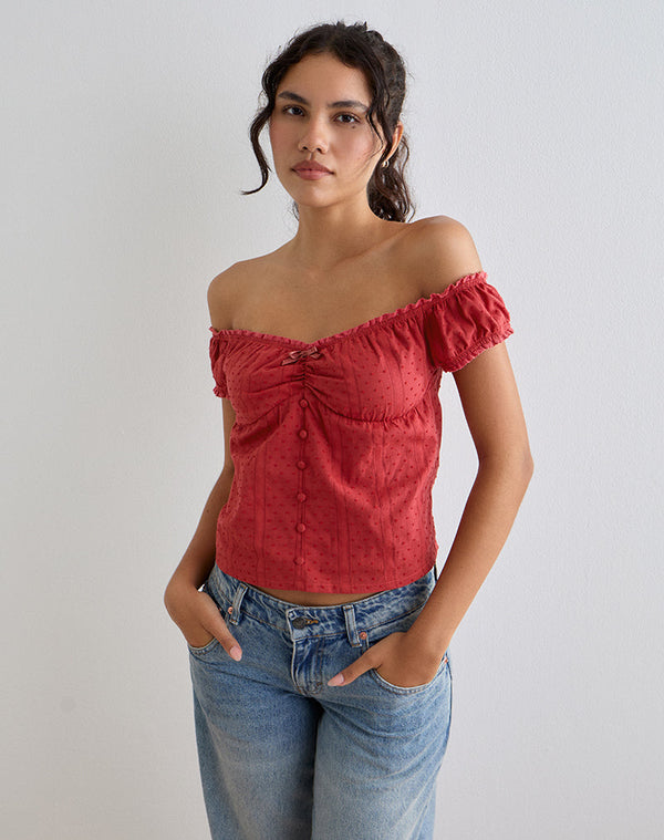 motel rocks Fayra Bardot Corset Top in Cotton Dobby Red