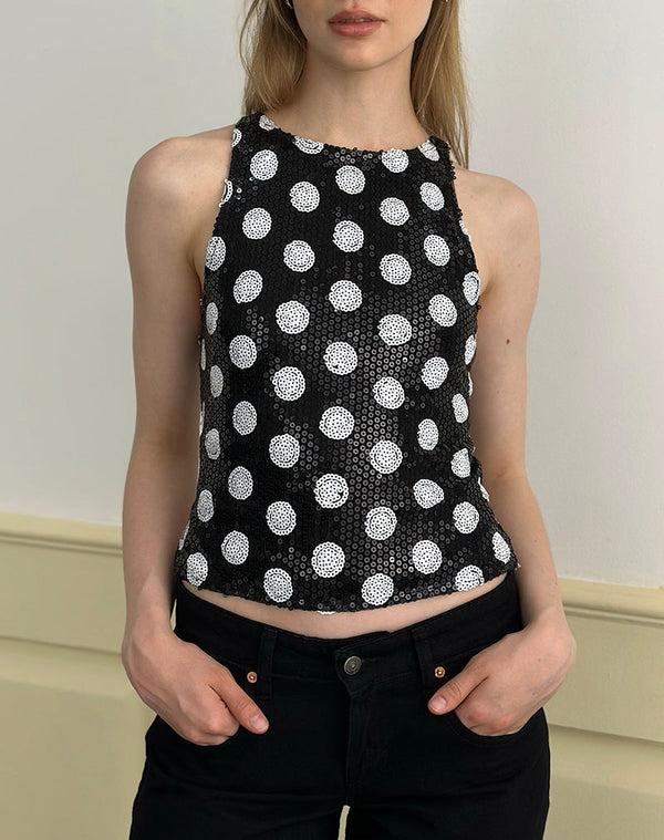 Motel Rocks Felicita Top In Polka Sequin Monochrome