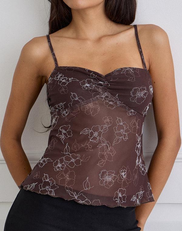 Motel Rocks Fierza Cami Top In Doodle Flower Flock Brown