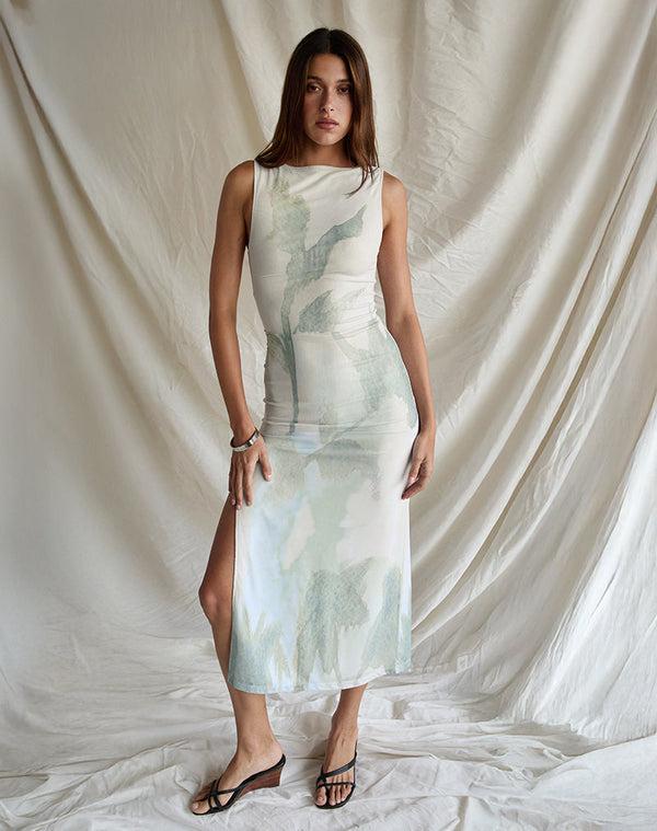motel rocks Flo Midi Dress in Abstract Painted Flower Blue