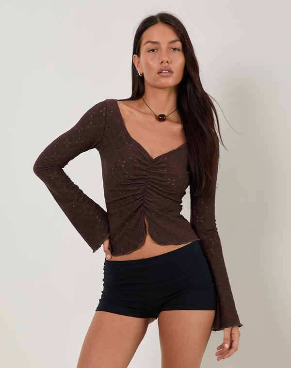 motel rocks Flonne Ruched Top in Stretch Broderie Brown