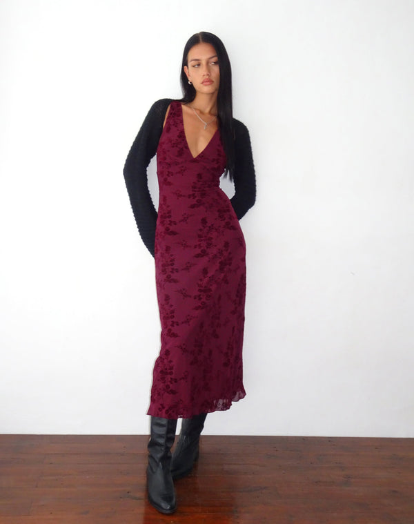 Motel Rocks Gabriela Midi Dress In Botanical Flower Maroon