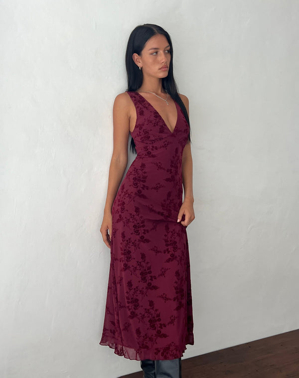motel rocks Gabriela Midi Dress in Botanical Flower Maroon