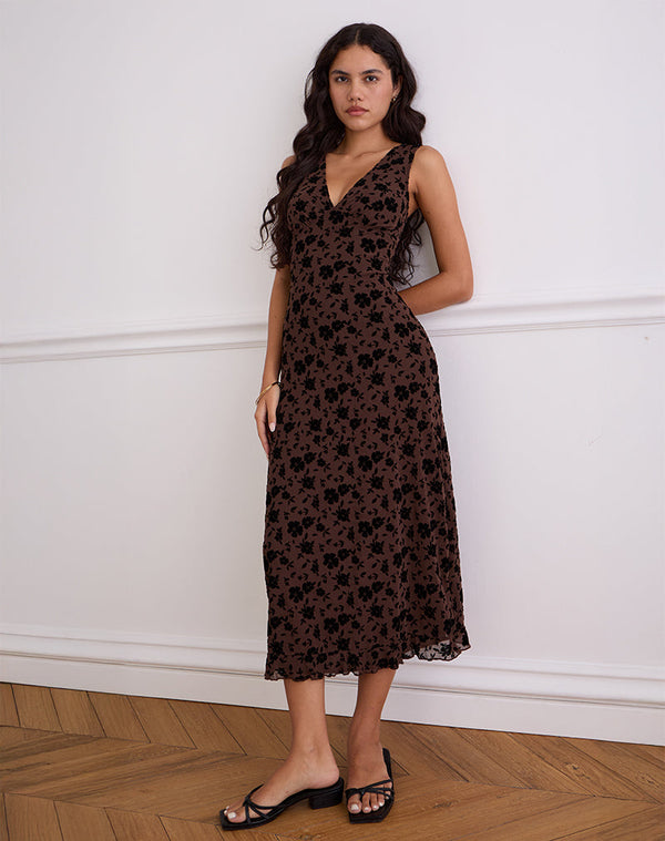 motel rocks Gabriela Midi Dress in Garden Floral Brown