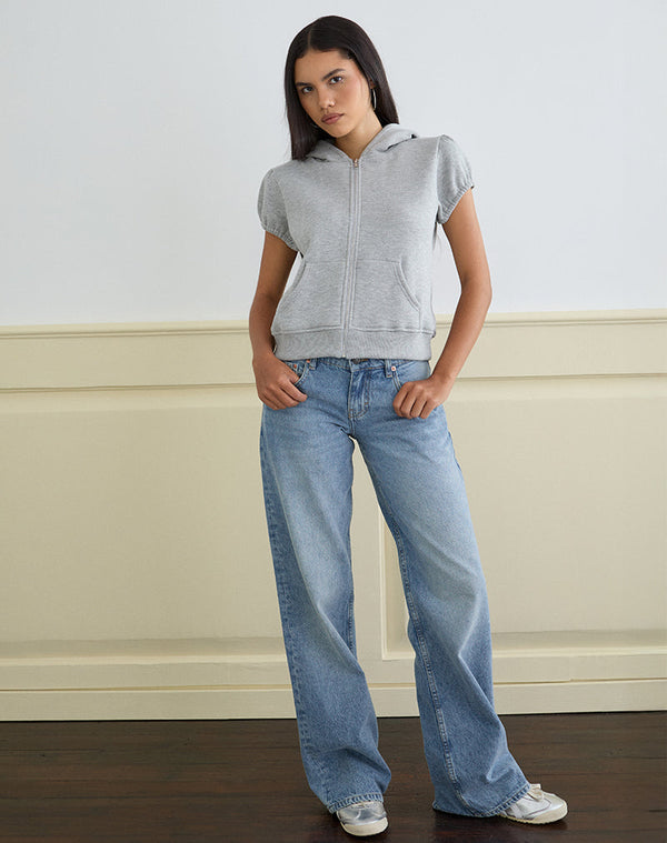 Motel Rocks Galia Short Sleeve Zip Hoodie In Grey Marl