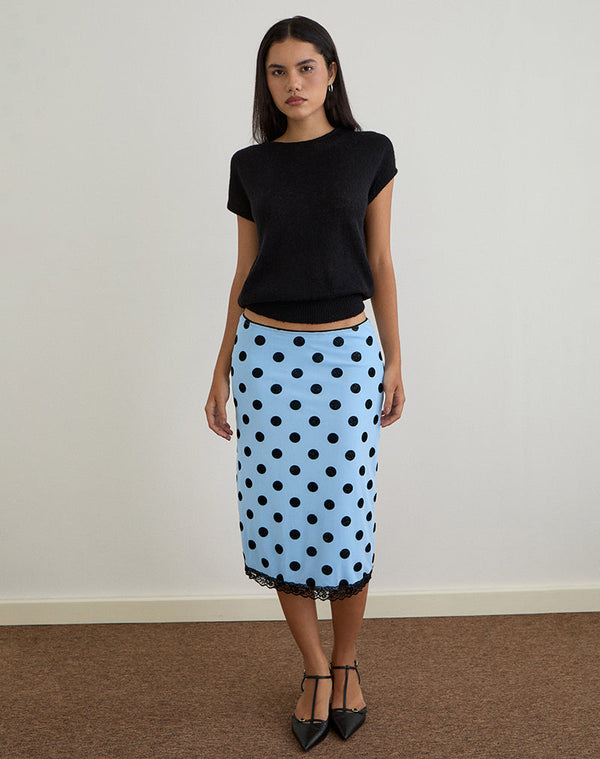 Motel Rocks Gamila Midi Skirt In Blue With Polka Space Black