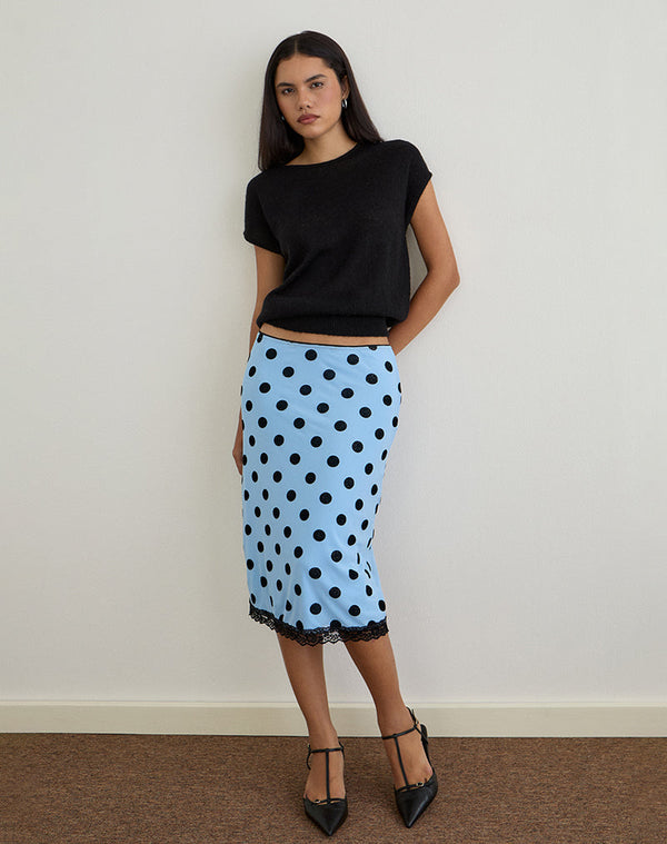 motel rocks Gamila Midi Skirt in Blue with Polka Space Black