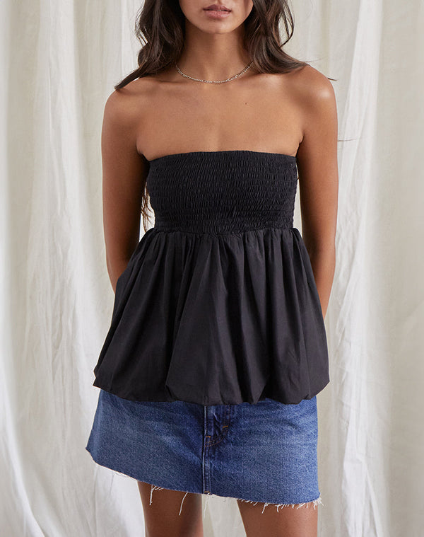motel rocks Gaux Puffball Shirred Bandeau Top in Black