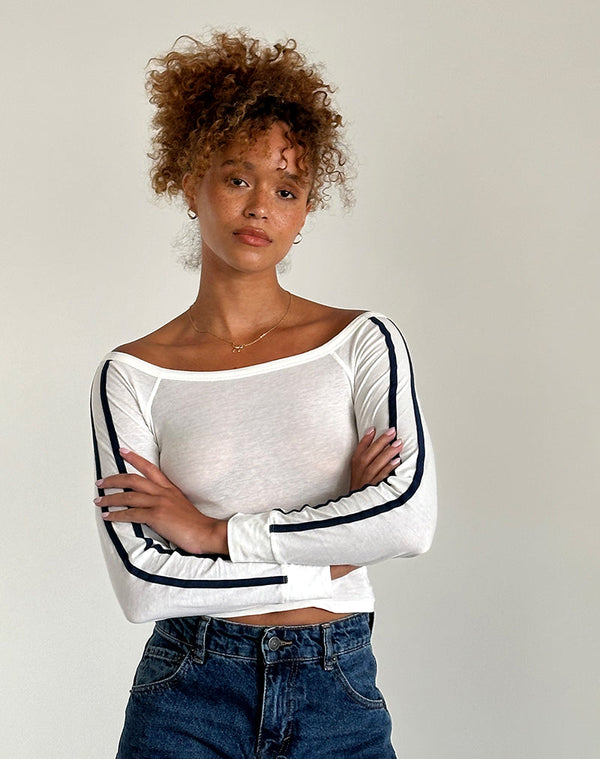 Motel Rocks Gavya Long Sleeve Top In Off White With Navy Stripe