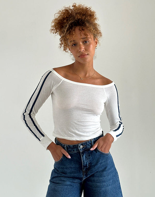 motel rocks Gavya Long Sleeve Top in Off White with Navy Stripe