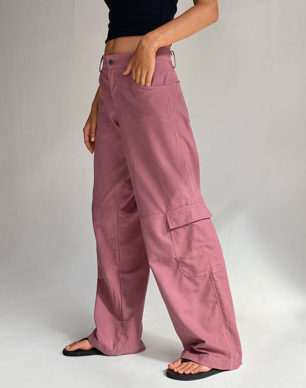 Motel Rocks Gemma Low Rise Cargo Trouser In Mauve Linen