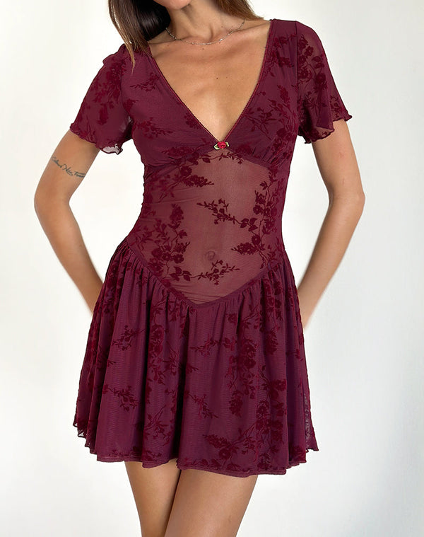 motel rocks Geni Mini Dress in Botanical Flower Maroon