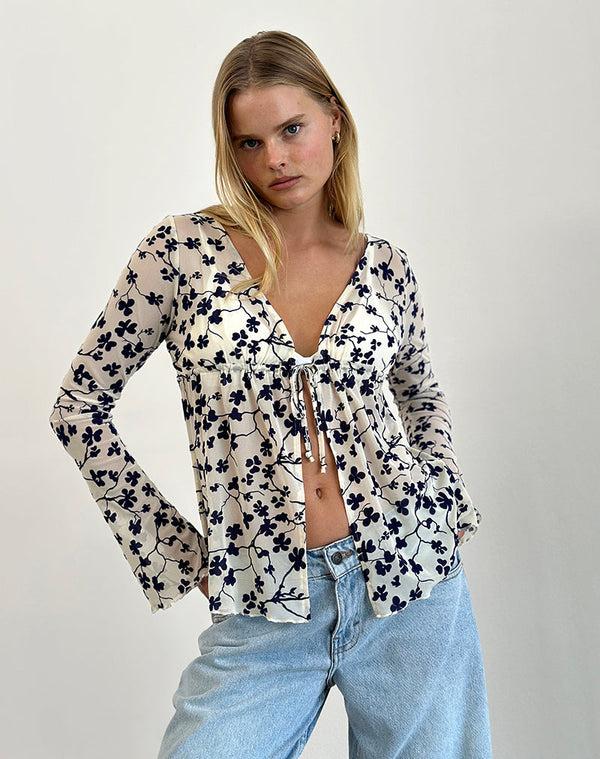motel rocks Gerbera Long Sleeve Top in Grunge Floral Flock Cream