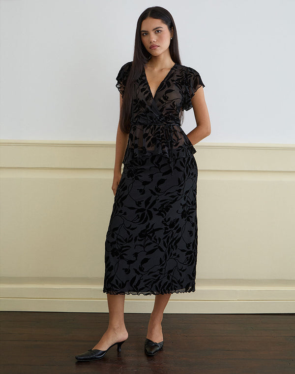 Motel Rocks Giuliana Wrap Top In Flock Leaf Flower Black