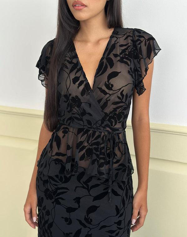 motel rocks Giuliana Wrap Top in Flock Leaf Flower Black