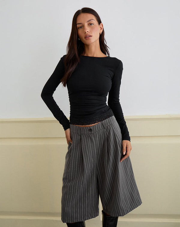 motel rocks Gomira Long Sleeve Top in Black with Lace Trim