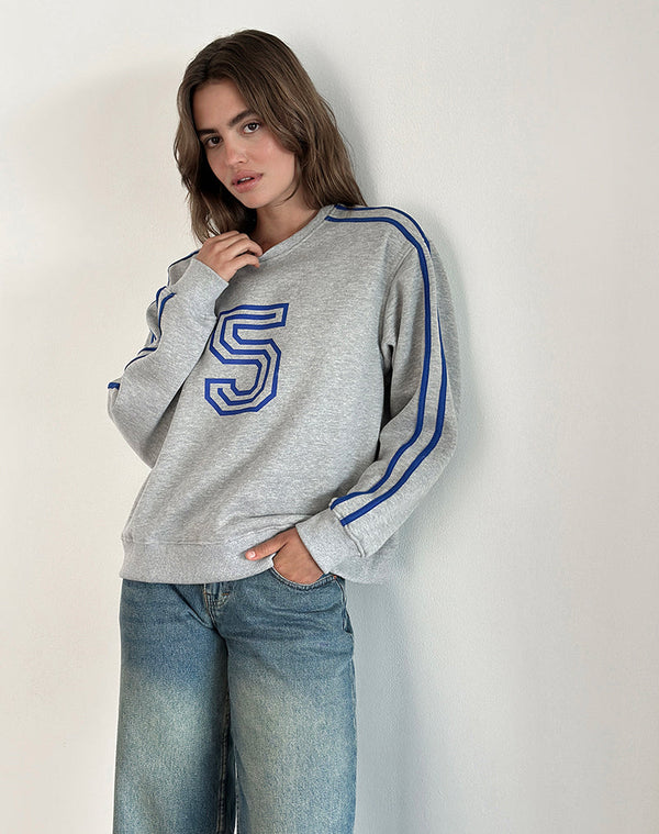 Motel Rocks Govel Sweatshirt In Grey Marl With Cobalt Blue 5 Motif